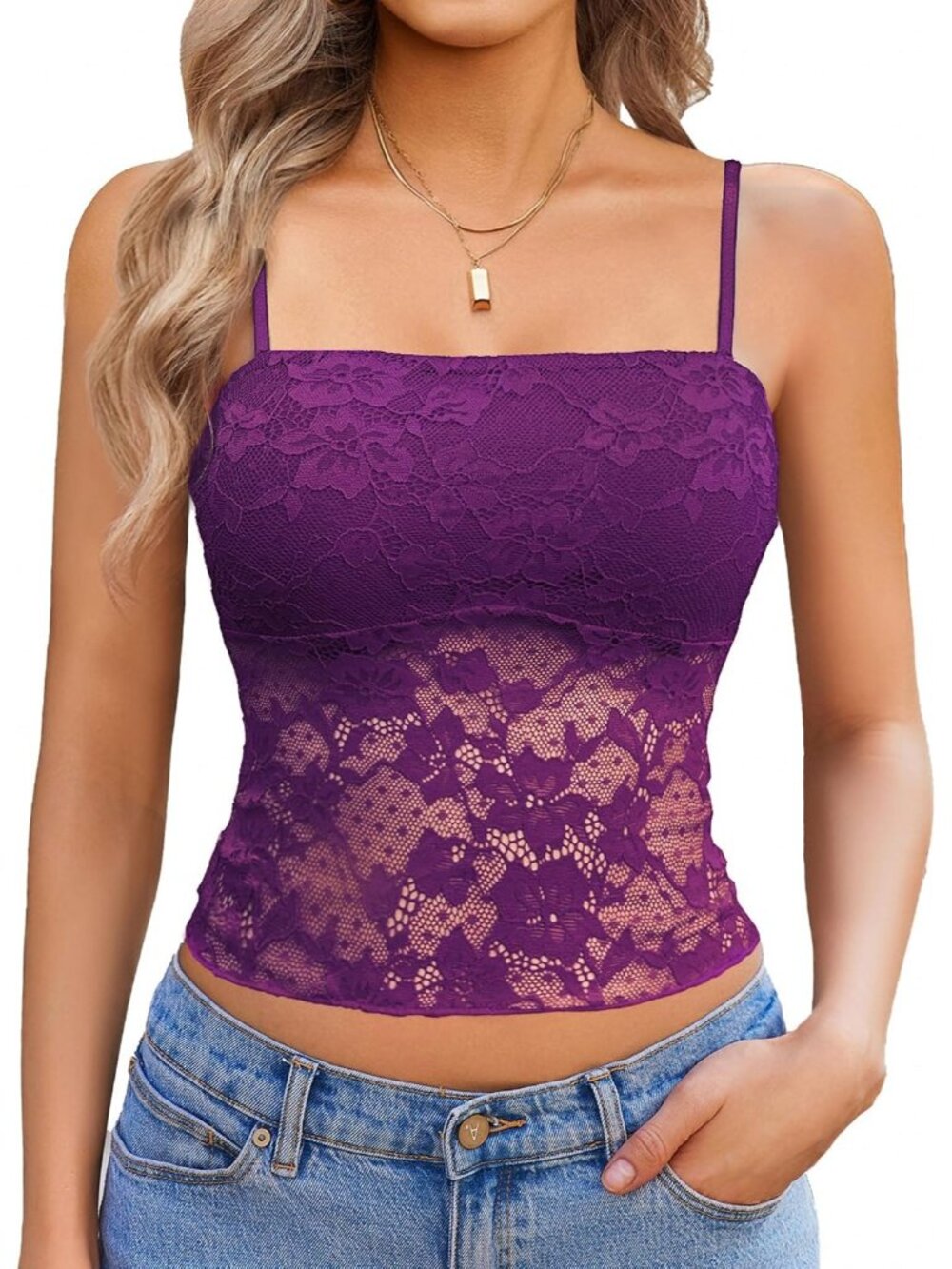 Women's Purple Floral Mesh Lace Crop Camisole Lined Bust Sheer Summer Tank Top
